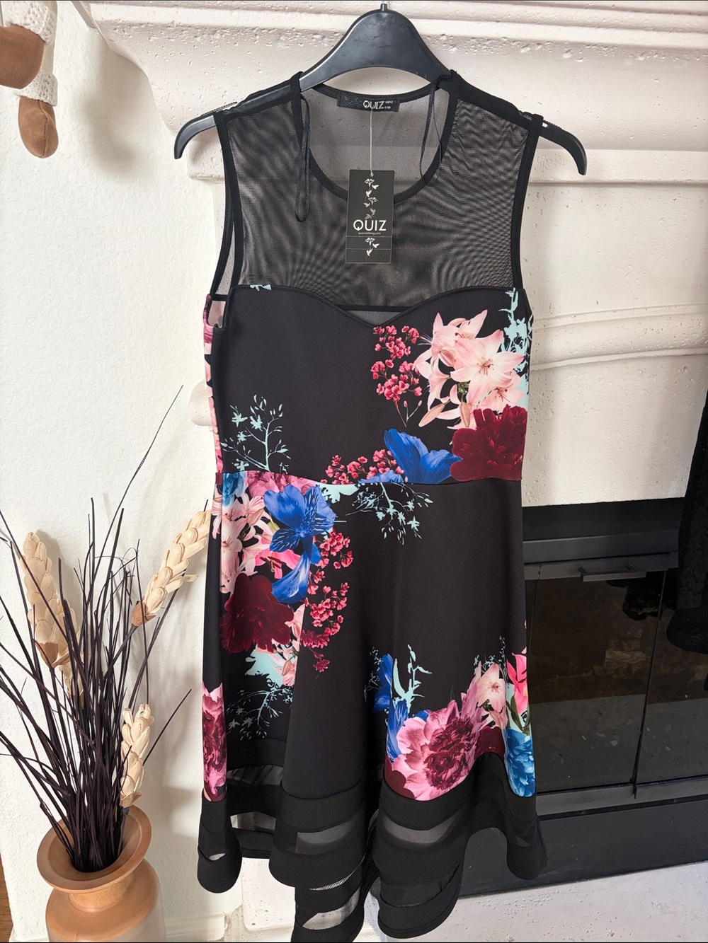Quiz Floral Mesh Fit & Flare Dress - Black with Pink & Blue Blooms